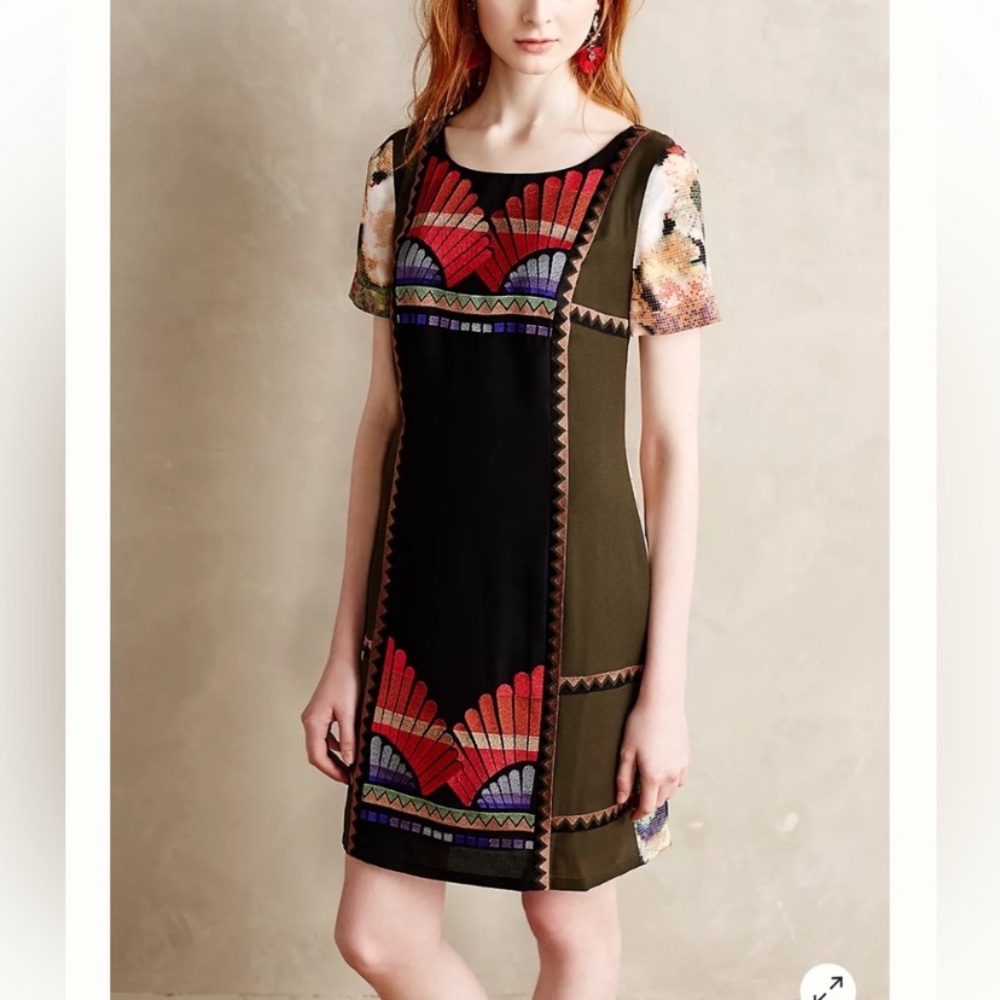 Anthropologie Black Olive Mini Dress with Red & Purple Embroidery